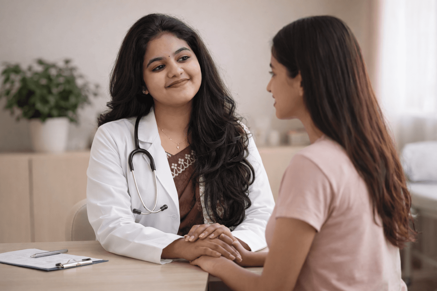 Dr. Manasa Reddy consulting with a patient at Helinova Women's Health Center